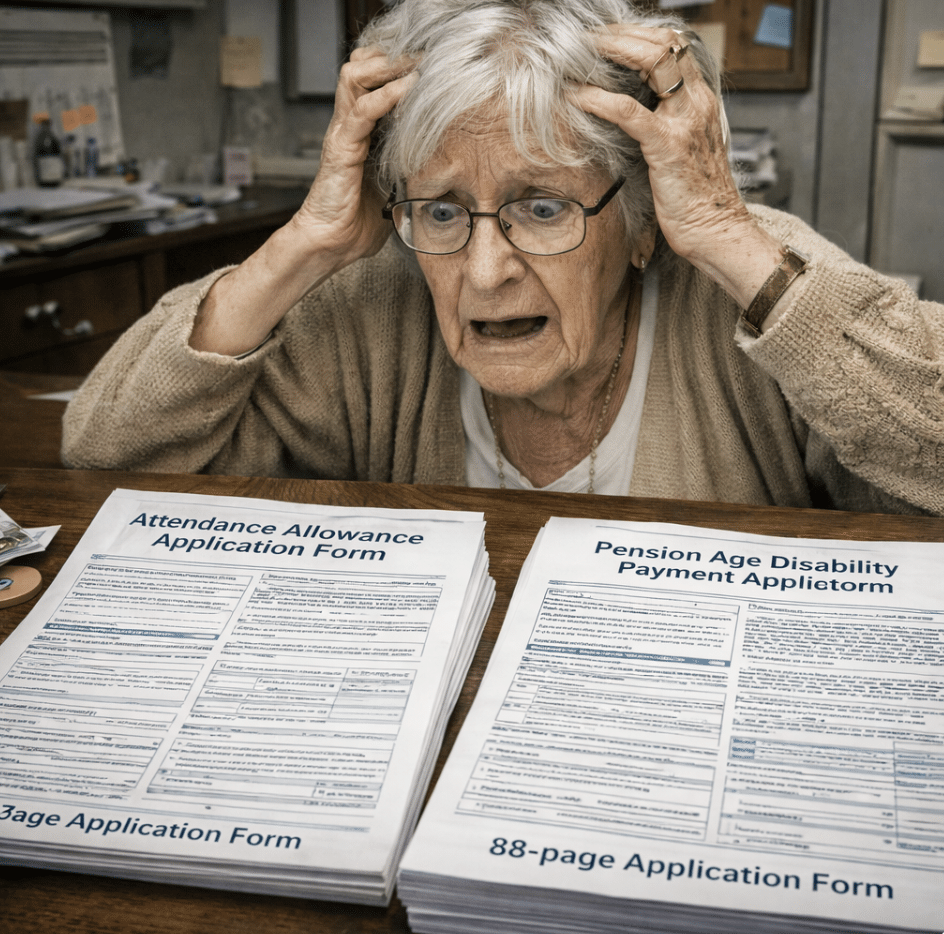 Old woman holding her head looking at paper work