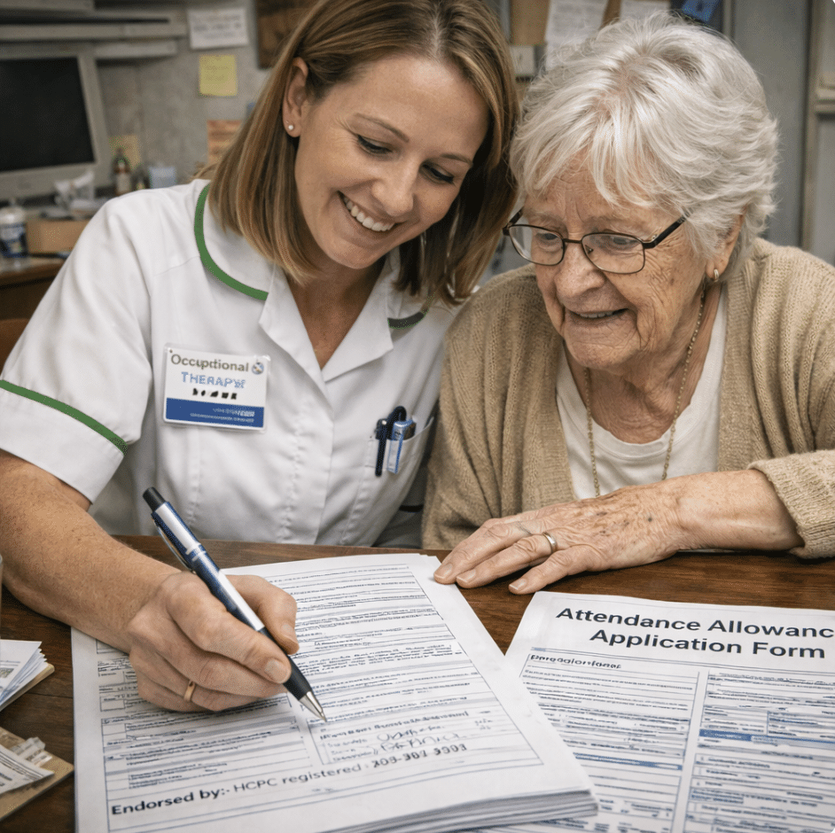 Occupational therapist helping old woman fill out form
