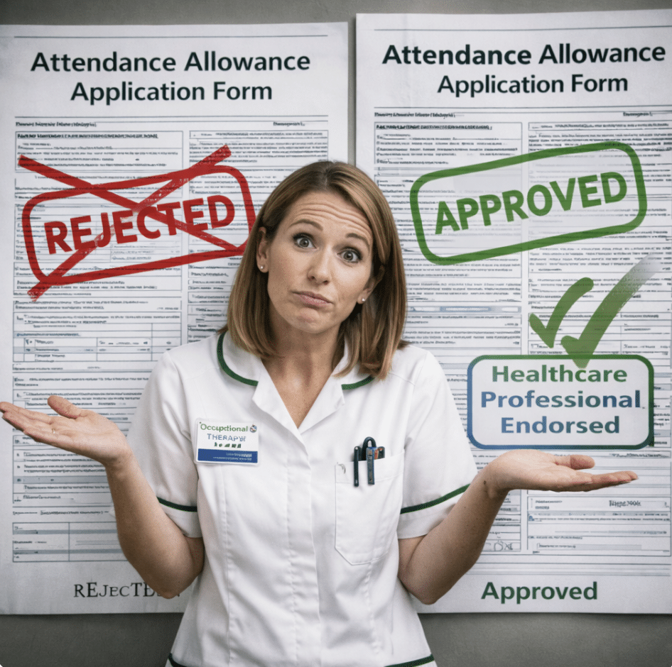 Occupational therapist shrugging shoulders in front of an approved and rejected application