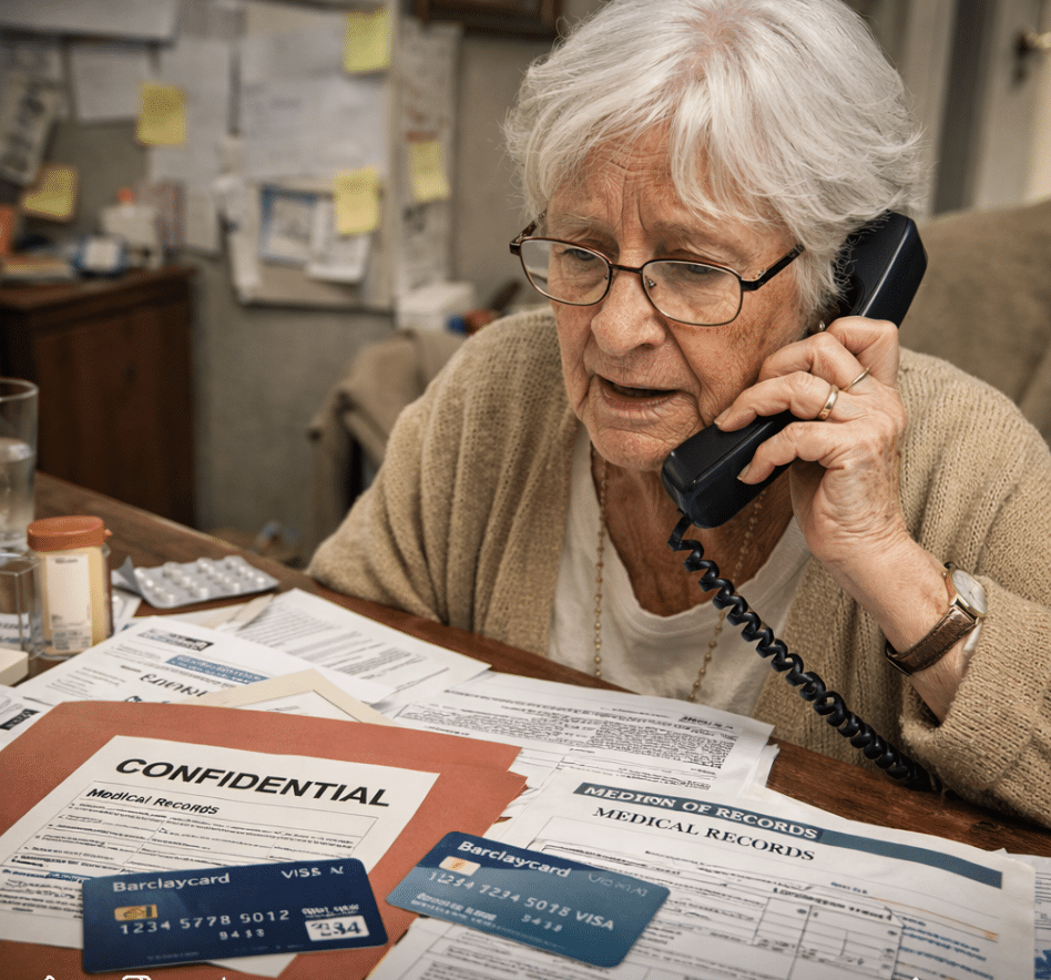 Old woman on the phone in front of medical reords