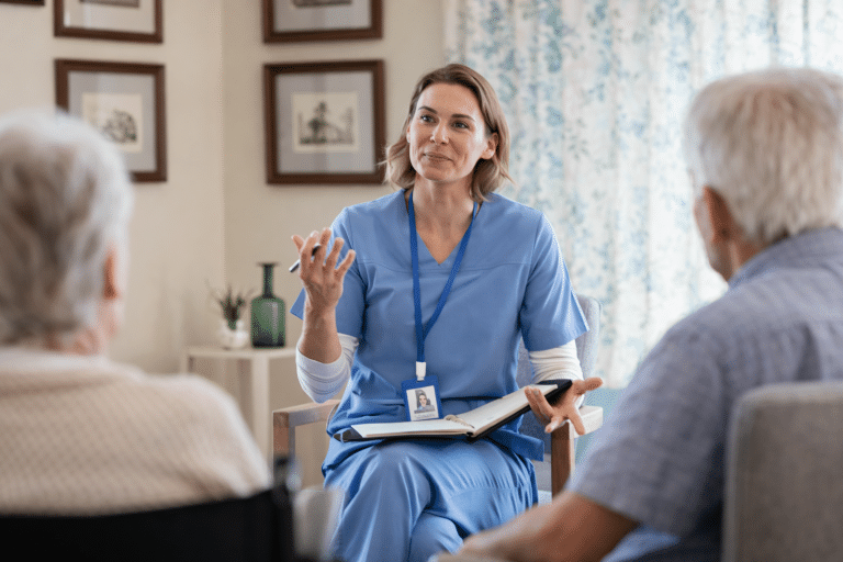 Person in scrubs sitting talking to two older people