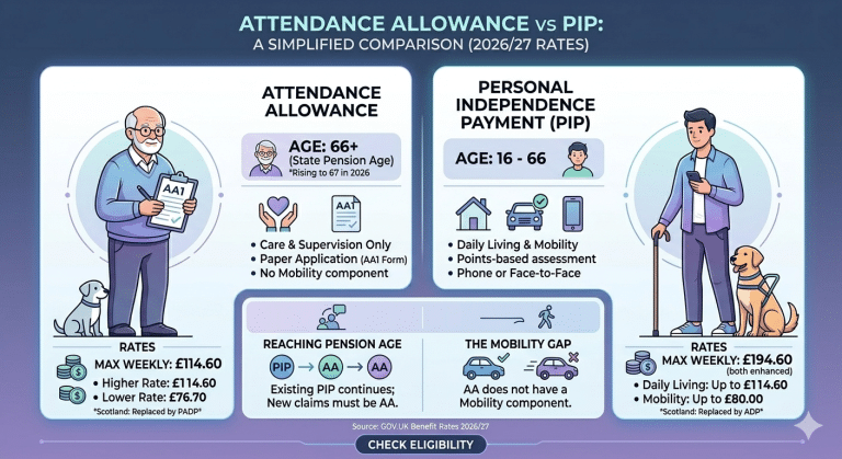 Comparison chart showing differences between attendance allowance and PIP benefits