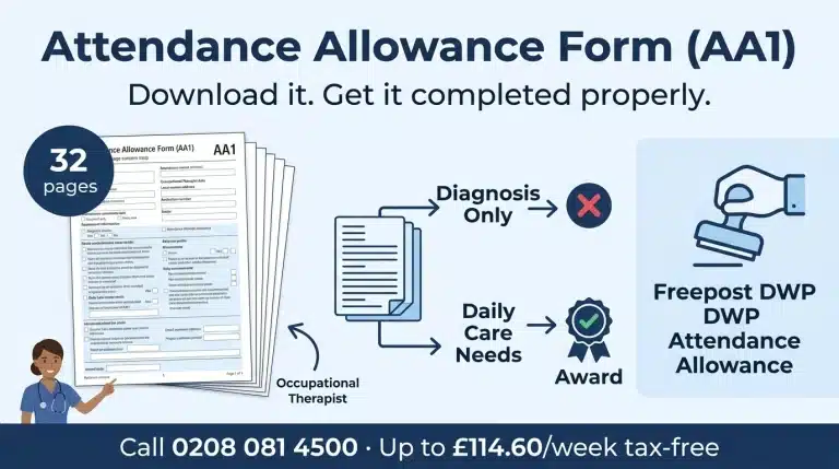 Attendance Allowance AA1 claim form — download from our resources page and get OT help