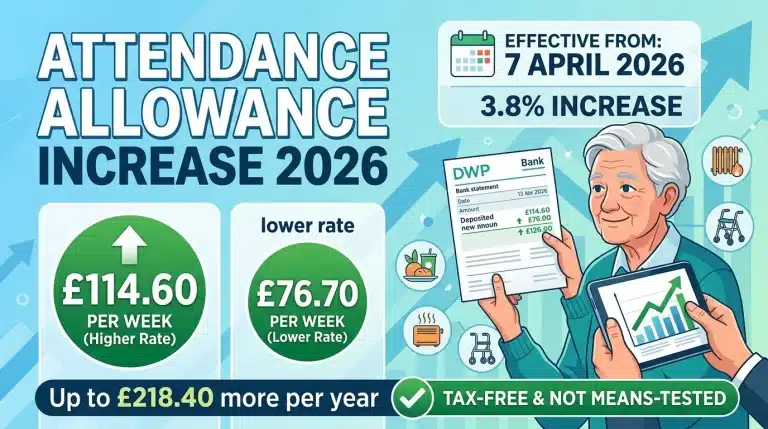 DWP Attendance Allowance increase 2026 showing new higher and lower rate amounts