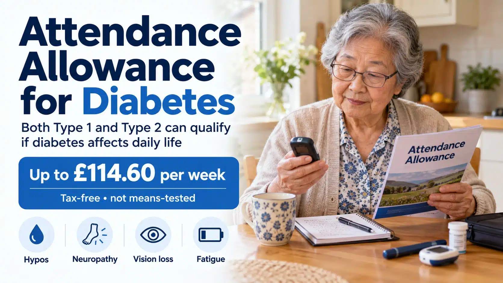 Attendance Allowance for diabetes — eligibility guide for Type 1 and Type 2 diabetes showing who can claim