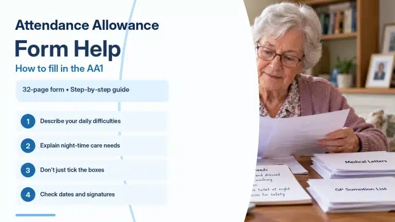 Person filling in the Attendance Allowance AA1 claim form with help