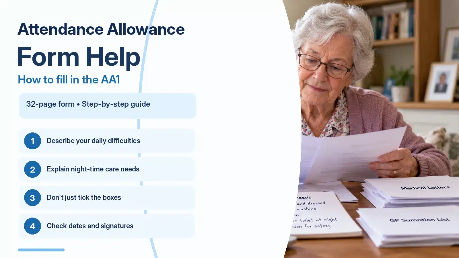 Person filling in the Attendance Allowance AA1 claim form with help
